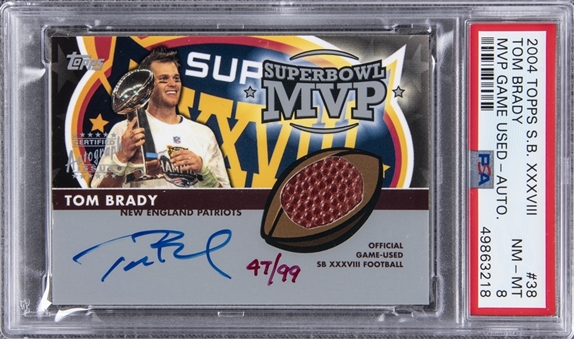 2004 Topps Super Bowl XXXVIII MVP #38 Tom Brady Signed Game Used Football Card (#47/99) - PSA NM-MT 8

